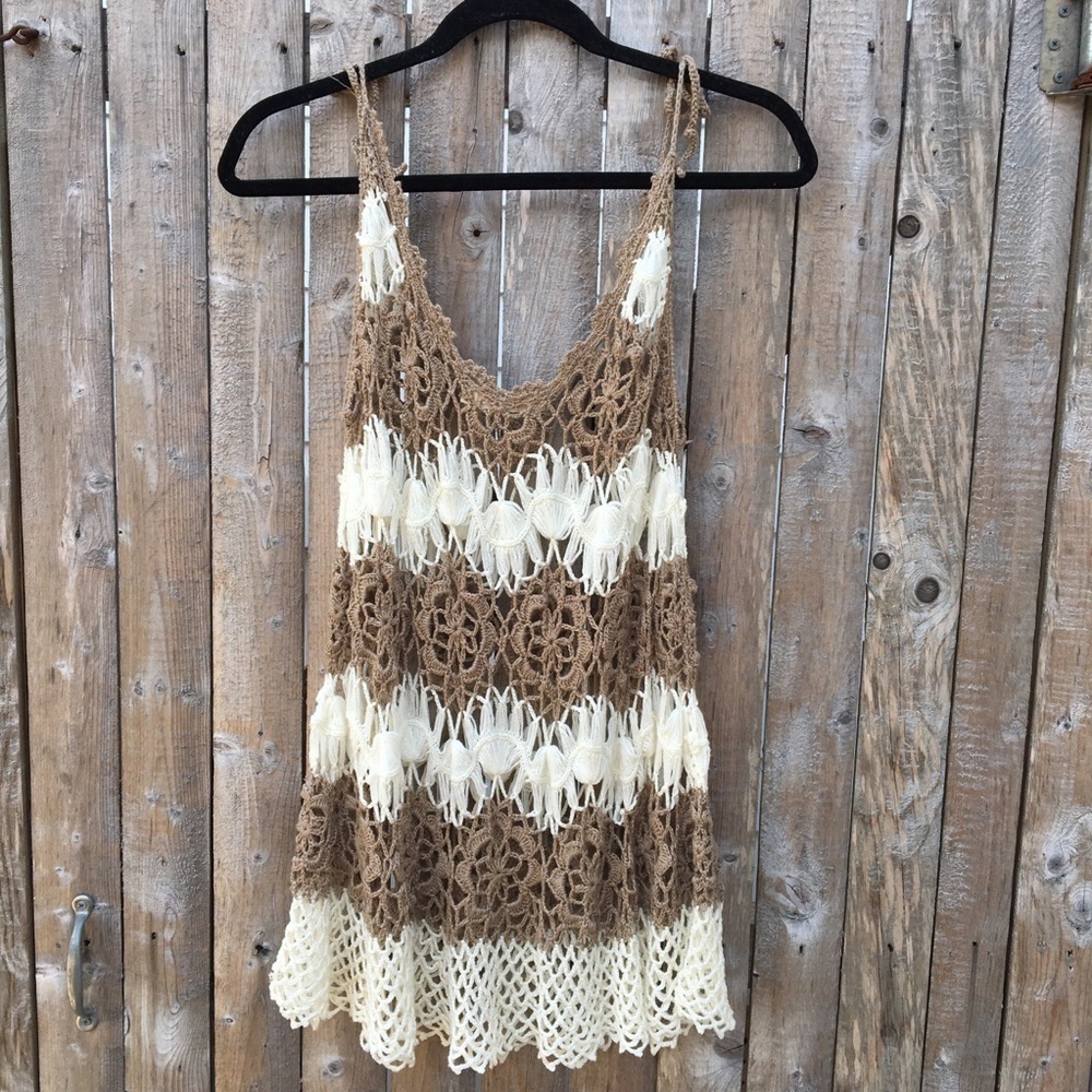 Hazel Anthro Tan And White Crocheted Tank Top Sz S - Picture 2 of 9